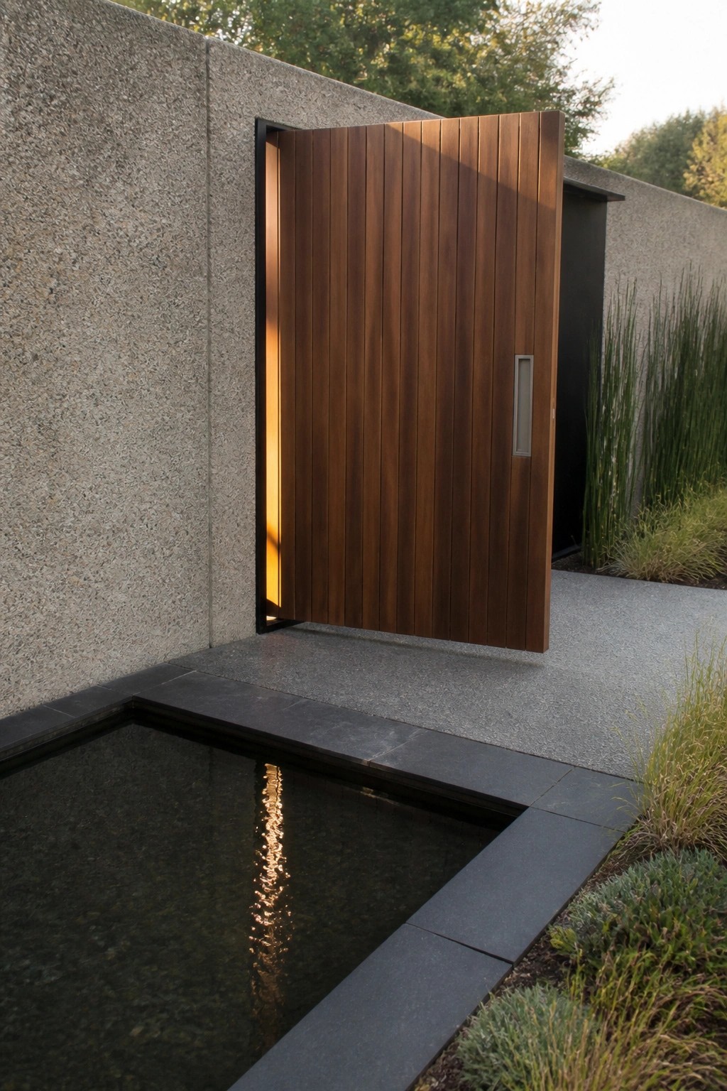 A wooden gate with vertical slats sits open in a thick concrete wall beside a dark rectangular water feature.