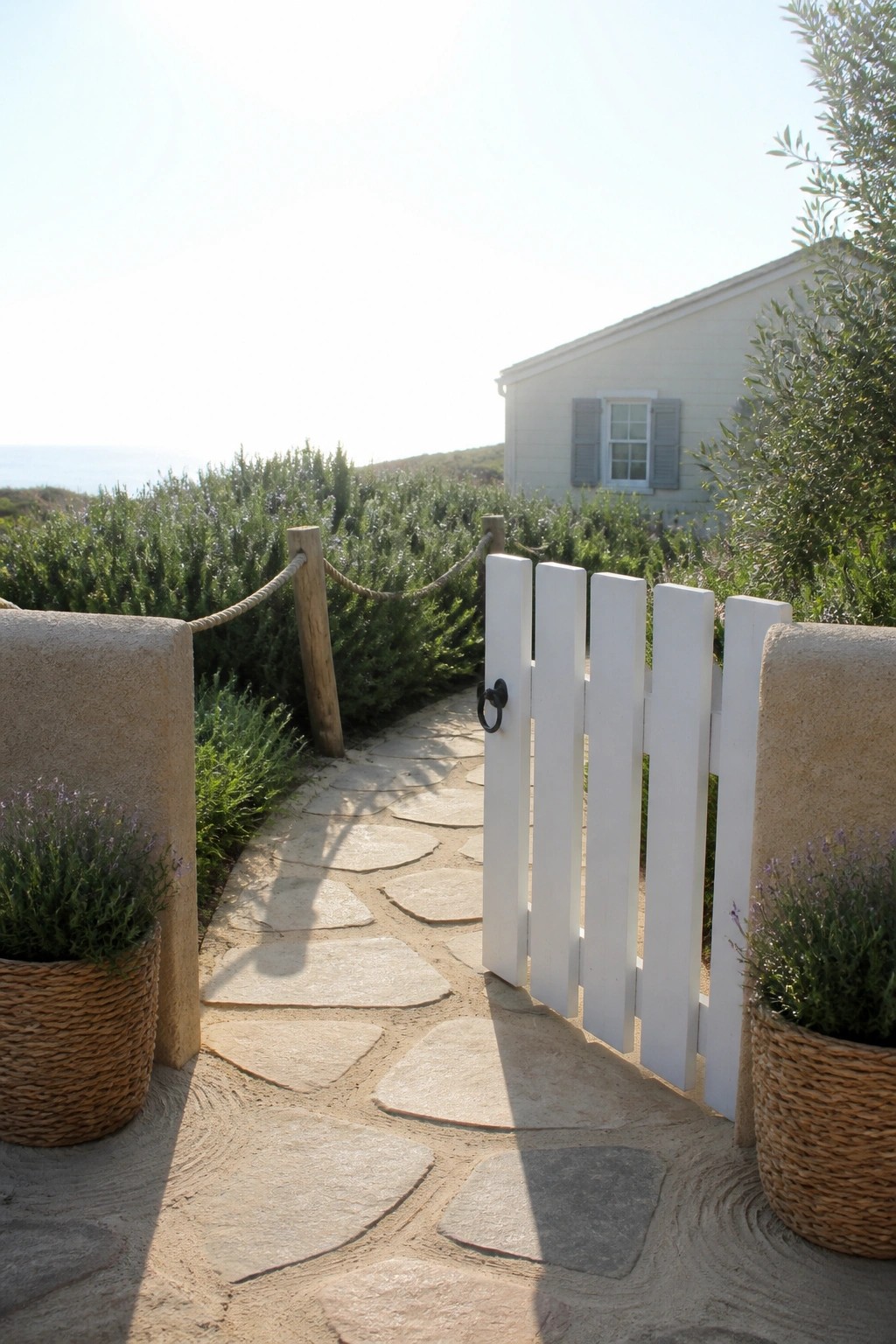 A white picket gate stands open on a stone path between two potted lavender plants, with rope fencing attached to wooden posts on either side.