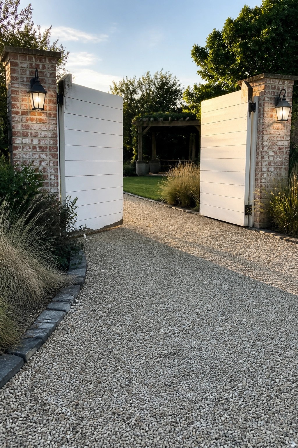 Open white wooden gates with horizontal planks stand between brick pillars topped with black lanterns along a gravel driveway.
