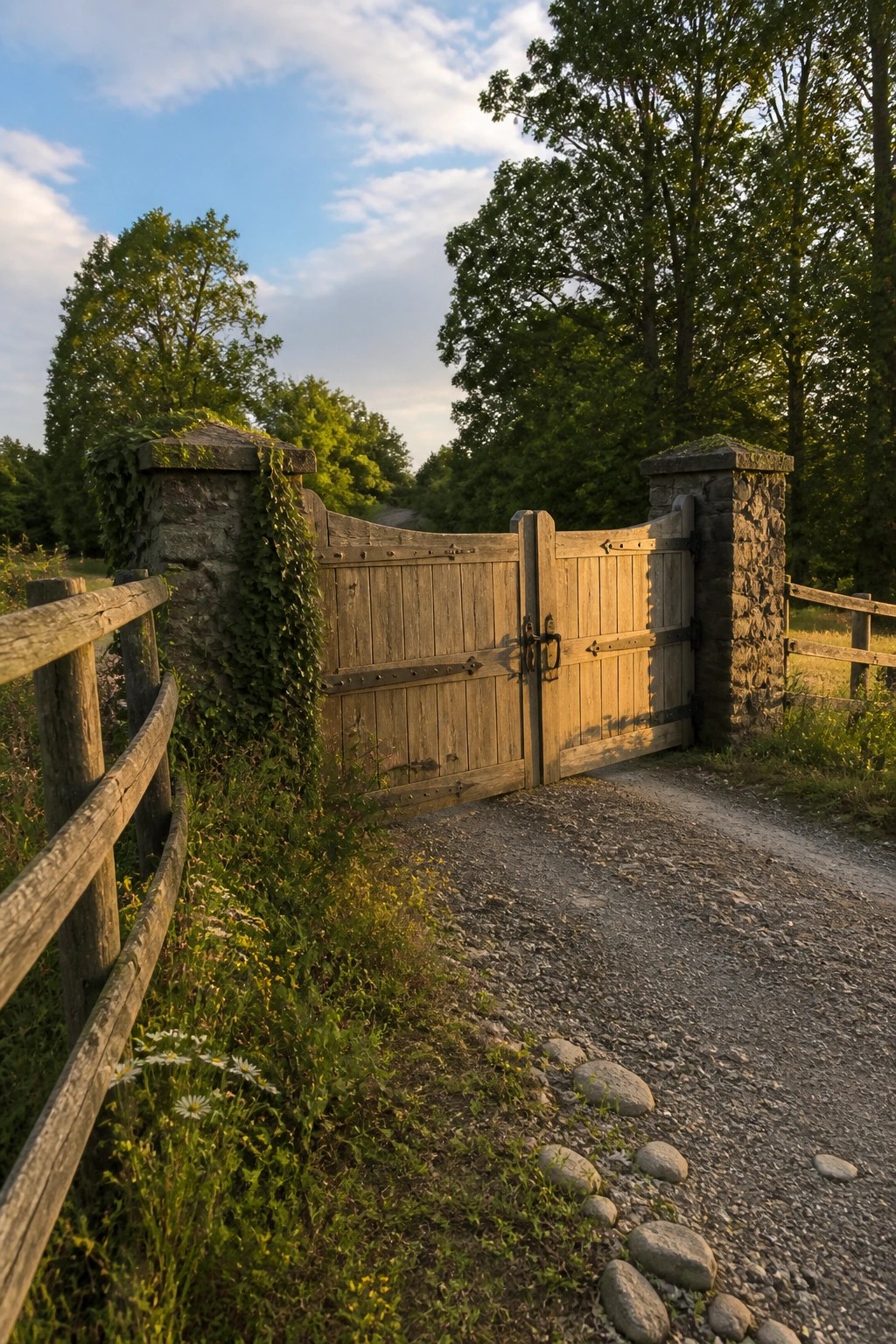 A wooden double gate between two stone pillars along a gravel path with trees and grass on either side.