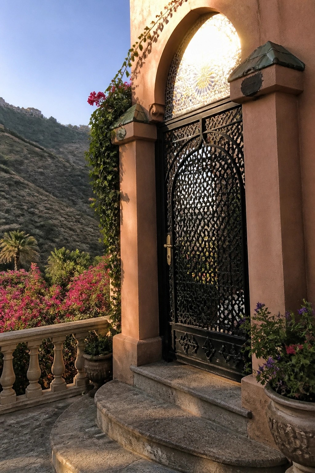 A black ornate iron gate with intricate latticework set in an arched peach stucco doorway with stone steps and potted plants nearby.