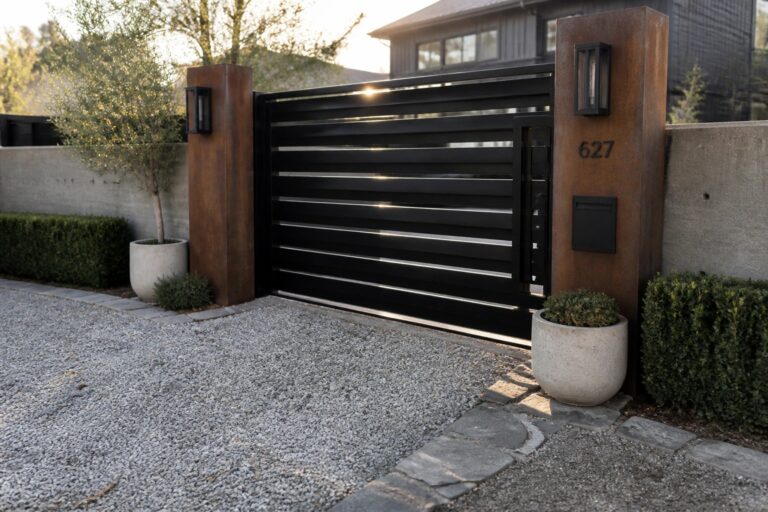 20 Bold Iron Main Gate Designs That Feel Strong and Timeless A black horizontal slat gate set between two rusted steel pillars beside a gravel driveway.