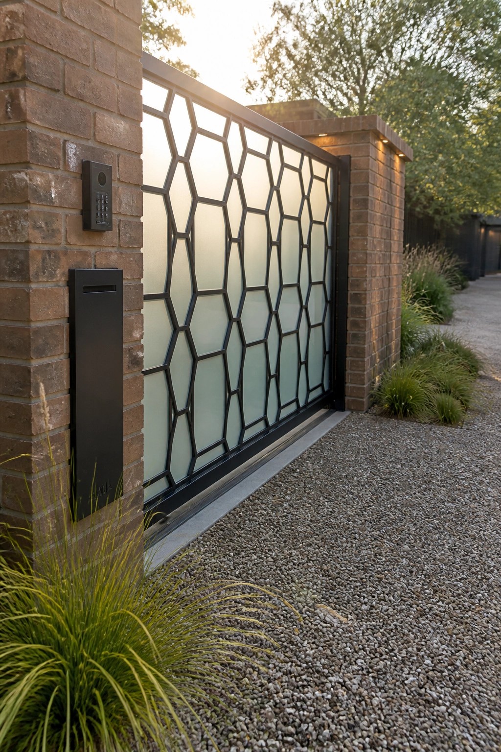 Modern geometric gate with frosted glass panels in brick wall at dusk
