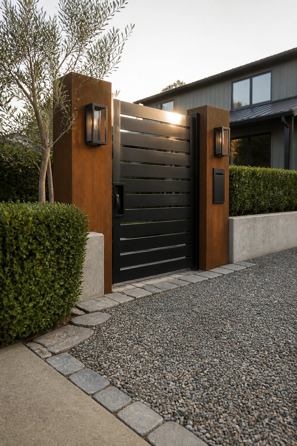 A black horizontal slat gate set between two rusted steel pillars beside a gravel driveway.