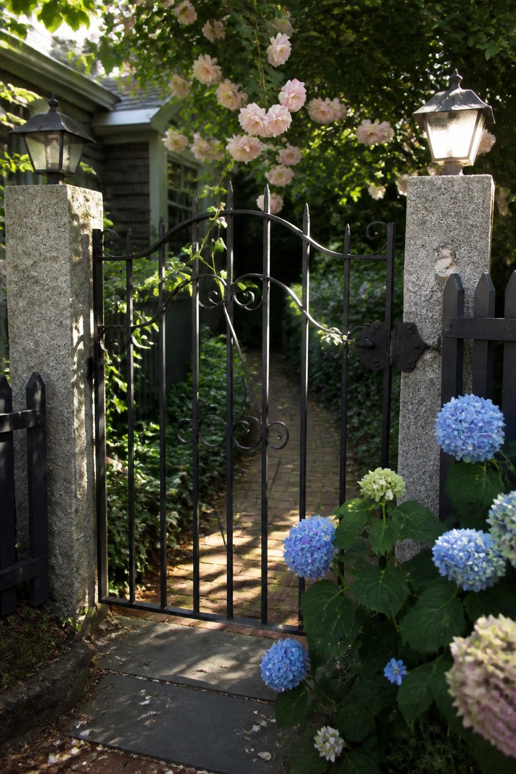 A black wrought iron gate stands open between two gray stone pillars beside a brick path lined with blue and white hydrangeas.