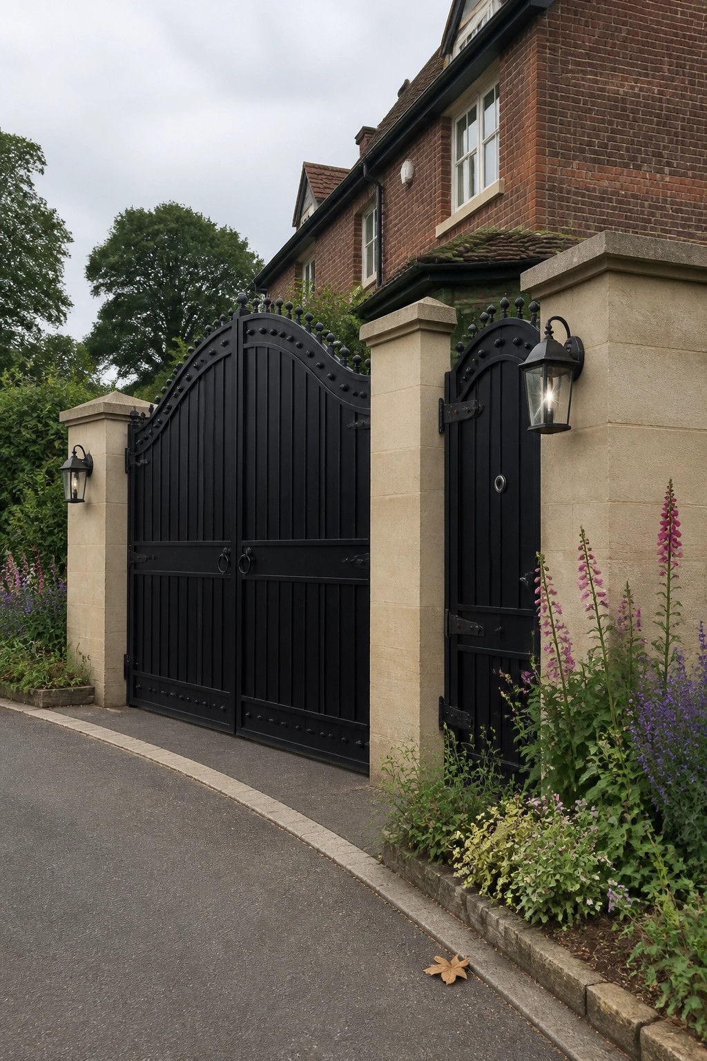 A black iron double gate with vertical bars and a smaller pedestrian gate, both set between light stone pillars beside a brick house.