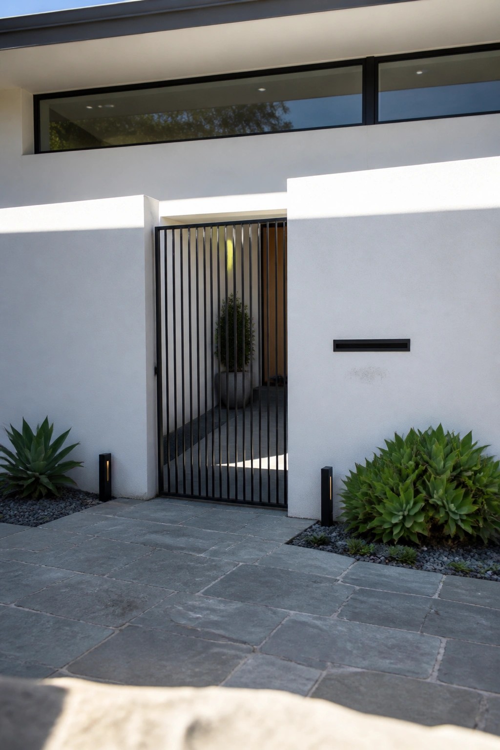 Modern white home entrance with black vertical-bar gate, stone paving and succulents.