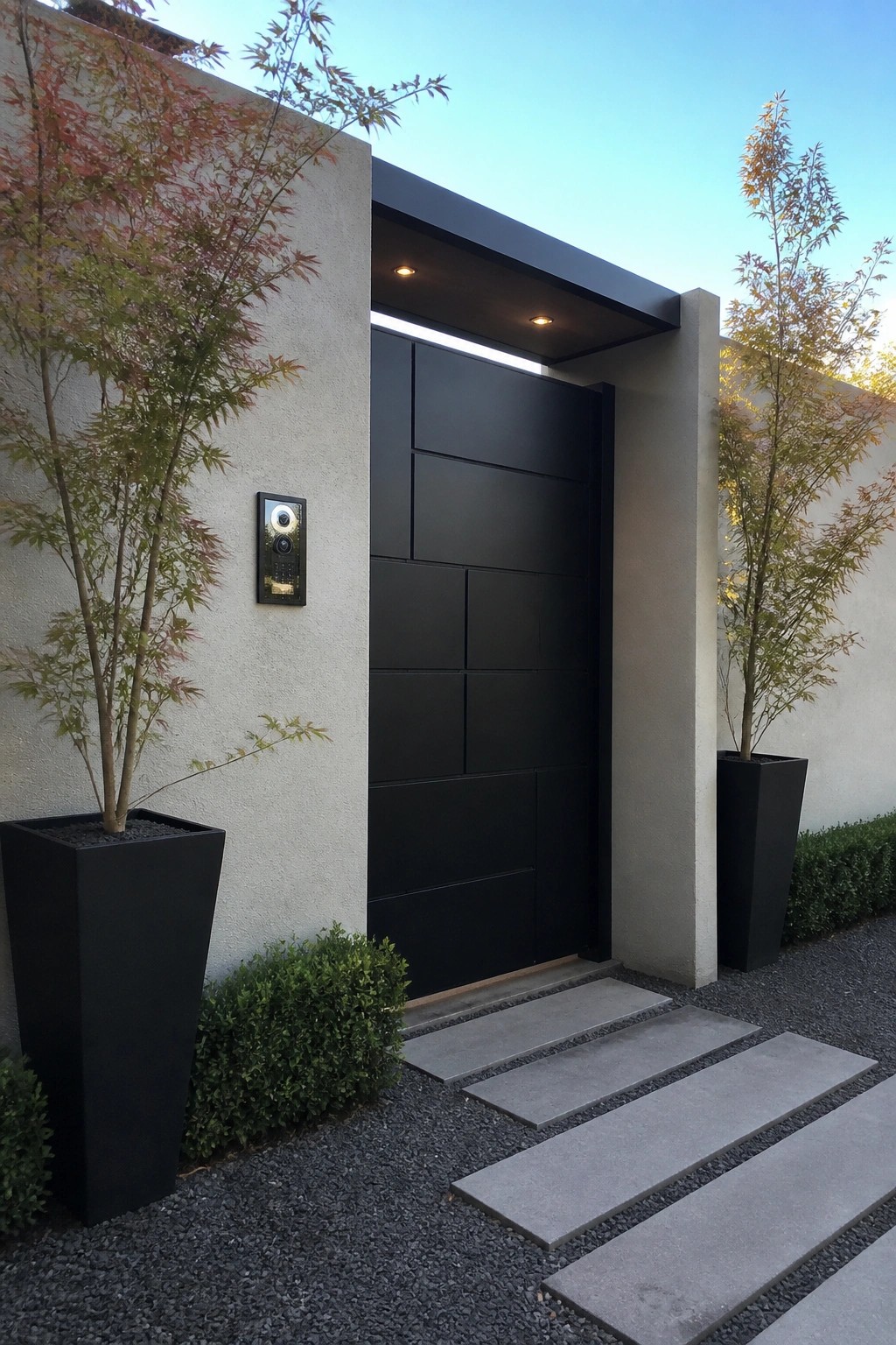 A black geometric paneled gate in a light concrete wall with two tall black planters holding trees beside stone steps.
