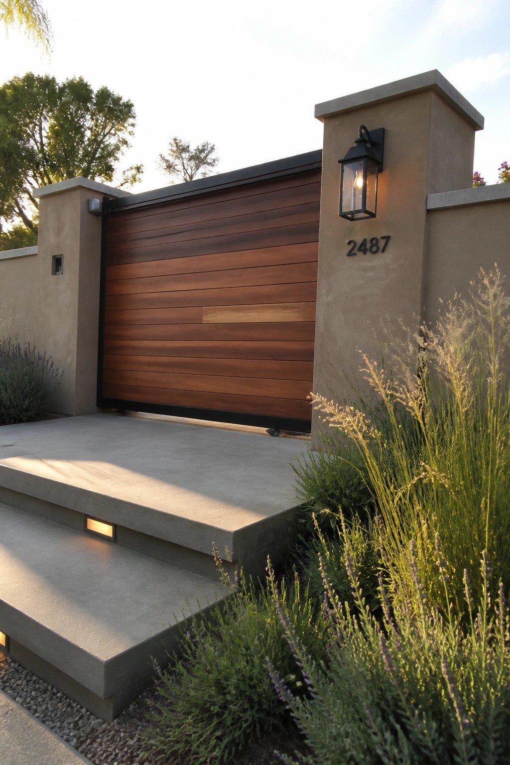 A modern wooden gate with horizontal slats between beige stucco pillars, next to concrete steps and landscaping.