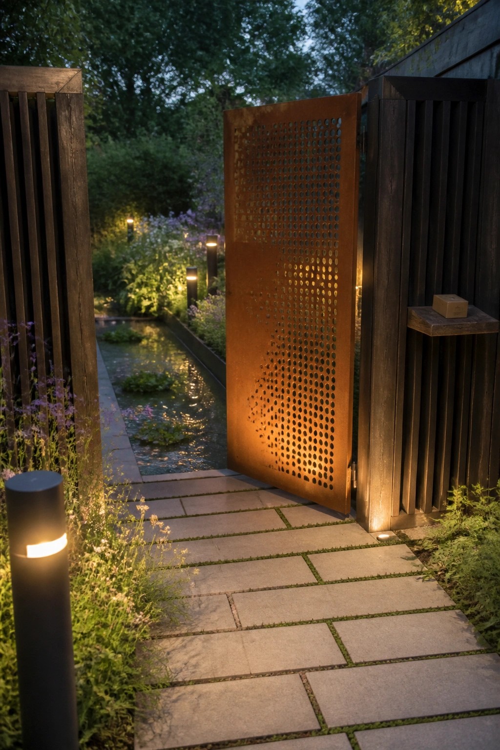 A rusted perforated metal gate stands open on a stone path next to a narrow garden pond with plants and path lights at dusk.