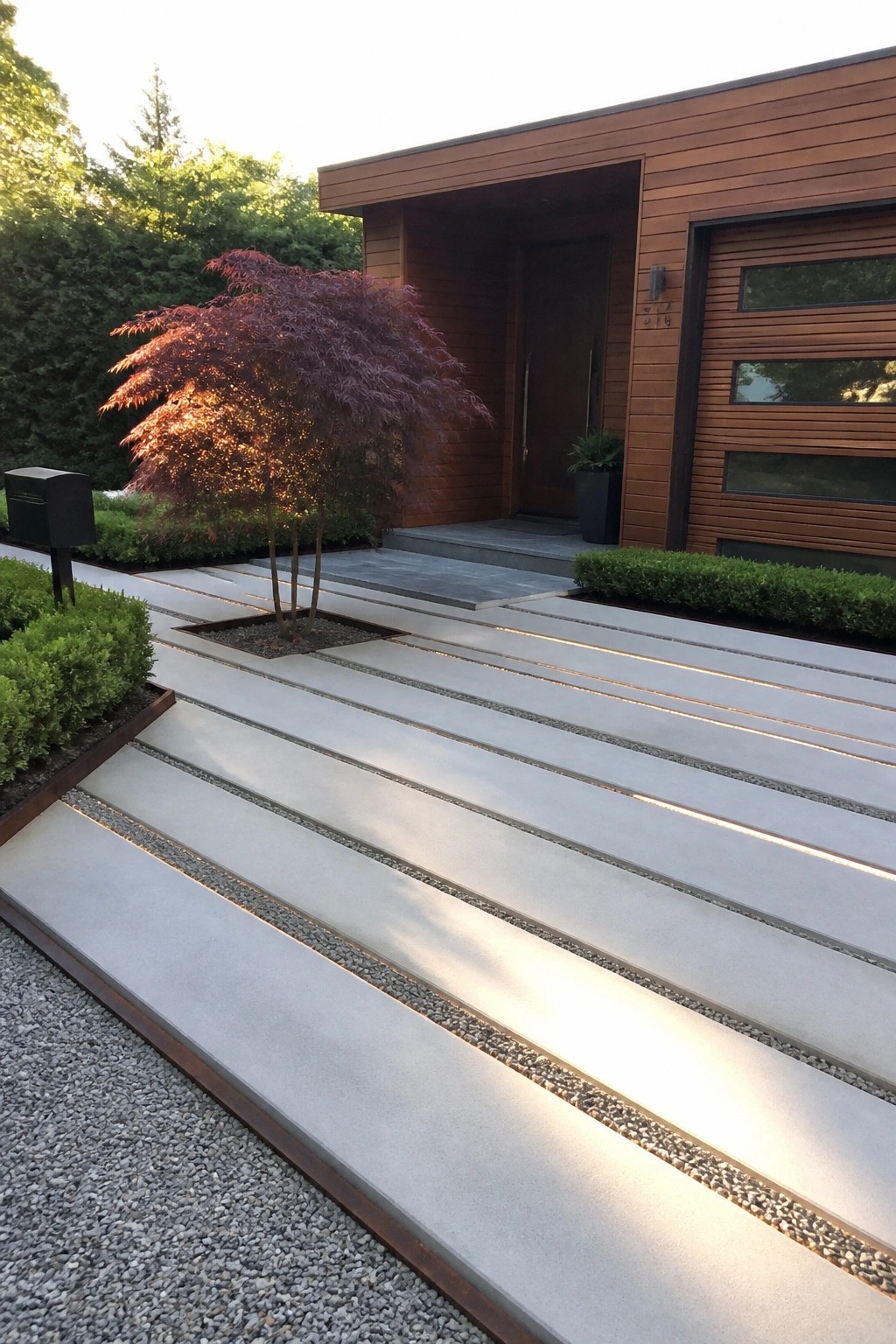 Modern concrete driveway pavers separated by gravel strips with embedded linear lights leading to a wood-clad house entrance and garage.
