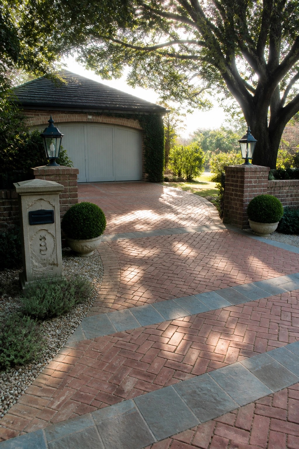 A curved red brick driveway bordered by gray stone strips leads toward a white garage door, flanked by brick pillars with lanterns and potted shrubs.