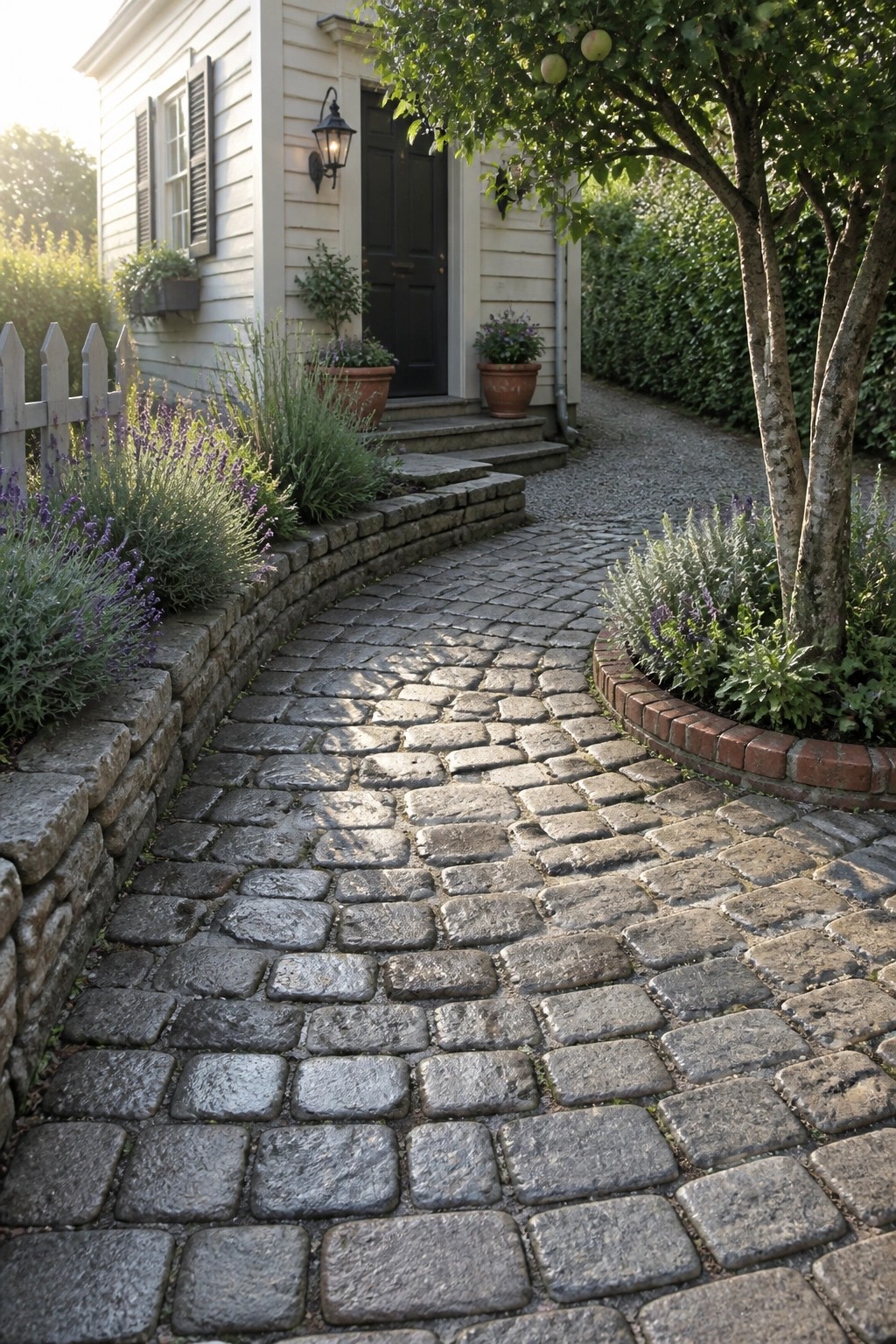 A curved cobblestone driveway leads to the front door of a light-colored house, with lavender and other plants along the edges and a tree on the right.