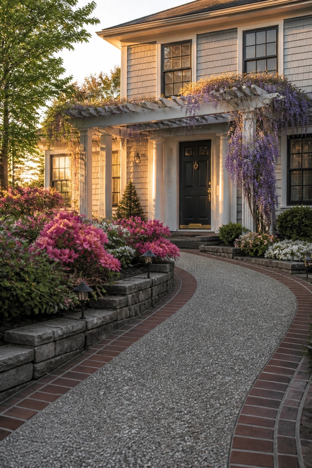 Brick-edged gravel drive curves to white-columned porch draped in purple wisteria.