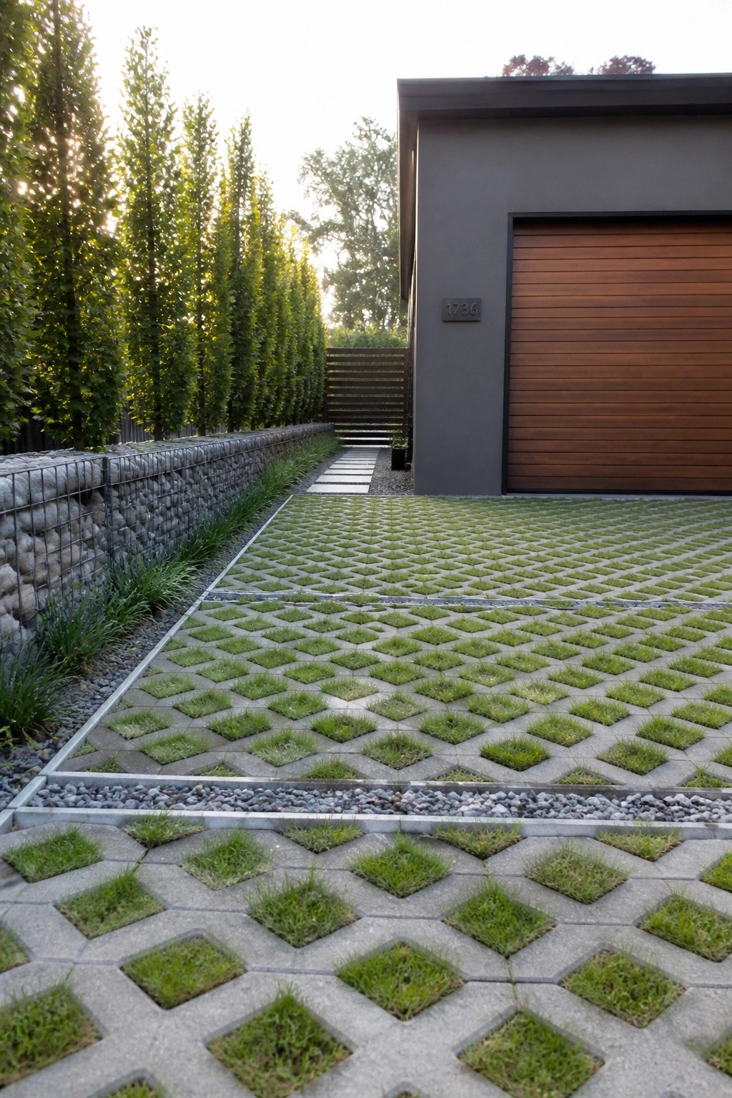 Modern house with wood garage door, grass paver driveway, gabion wall and tall trees
