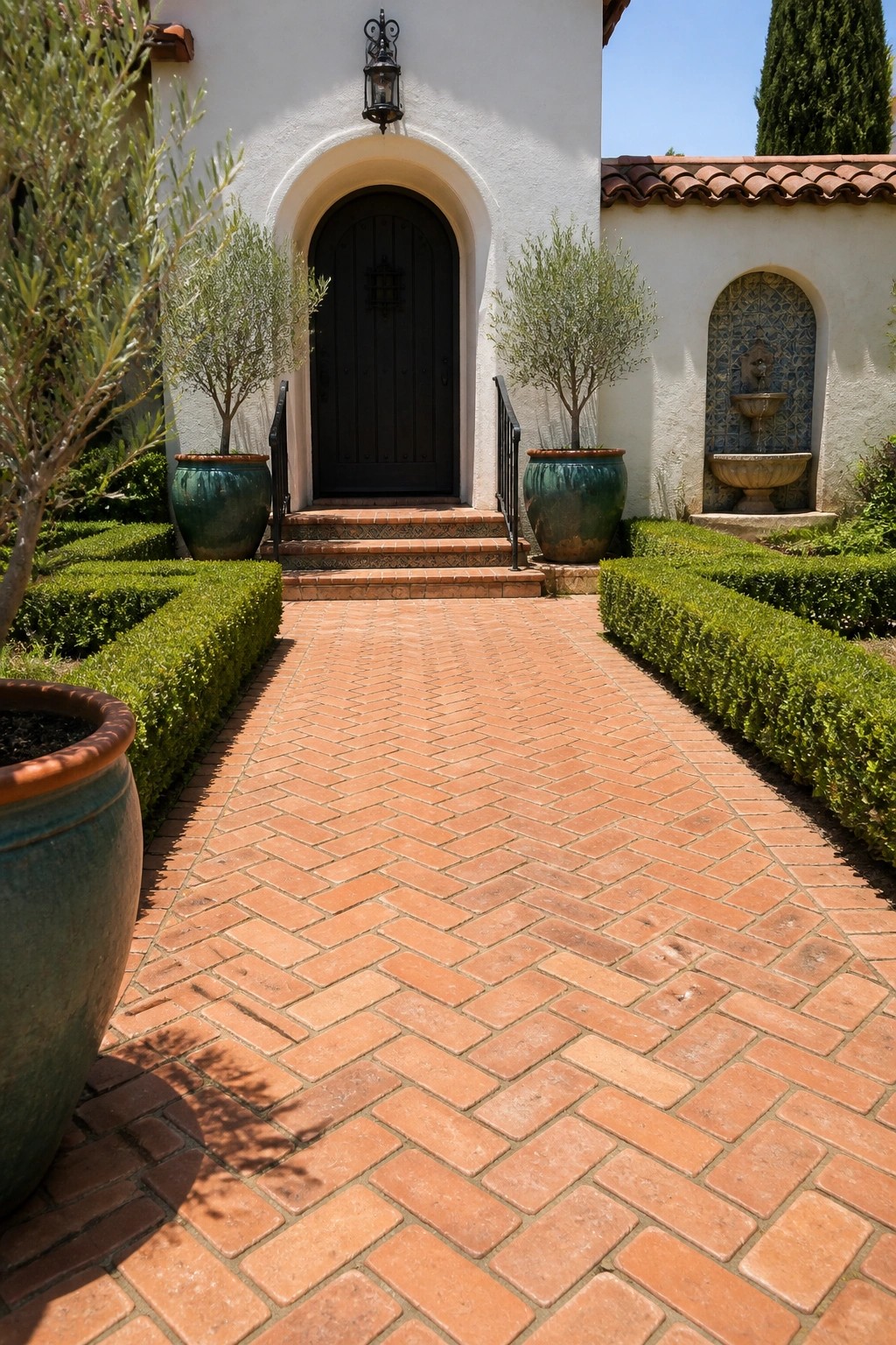 A herringbone patterned red brick driveway leads to a dark arched door on a white stucco house, with large green pots and trimmed hedges along both sides.