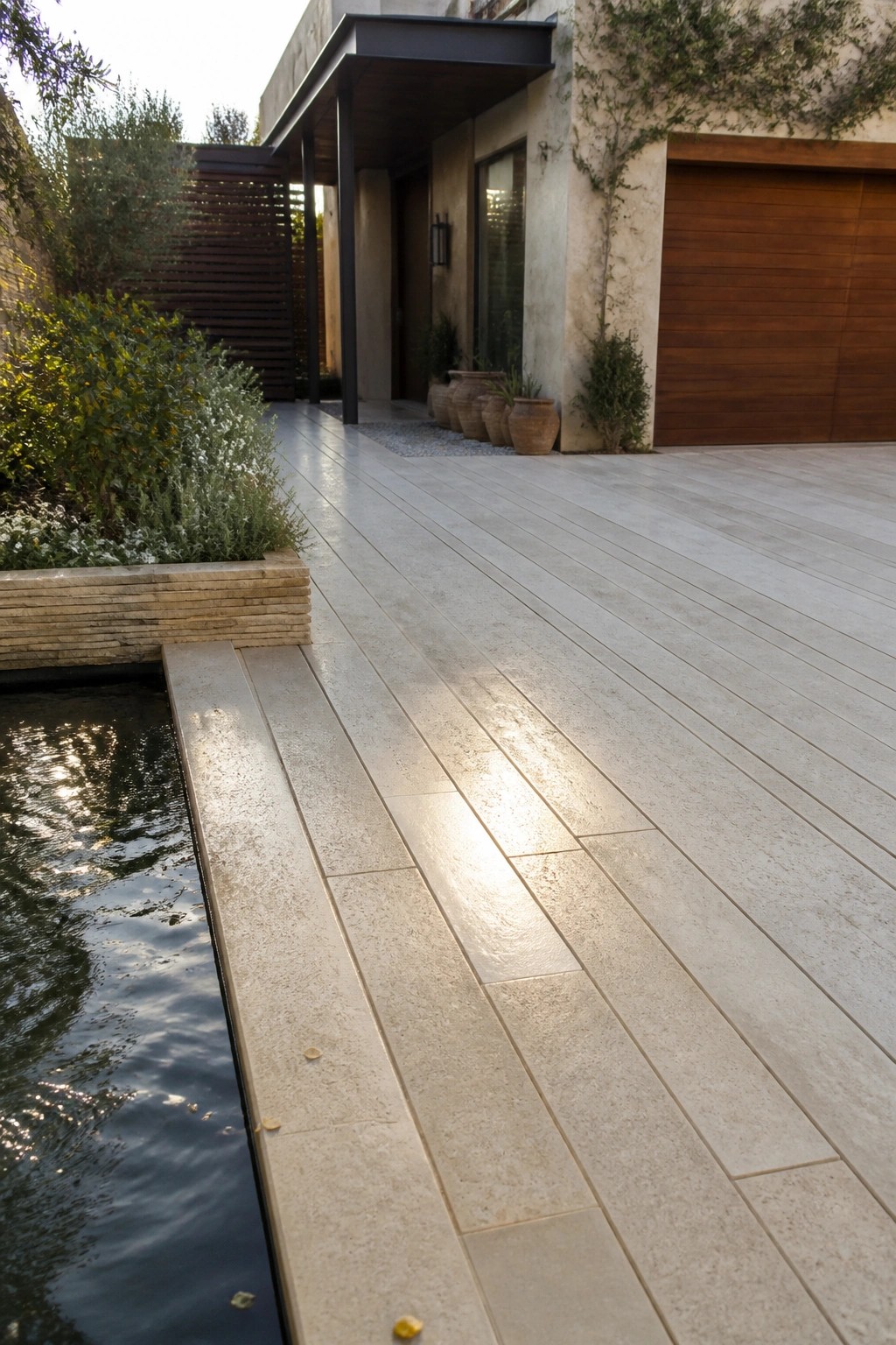 A modern house exterior with a wide driveway made of large light-colored rectangular pavers running alongside a narrow water feature and several potted plants.