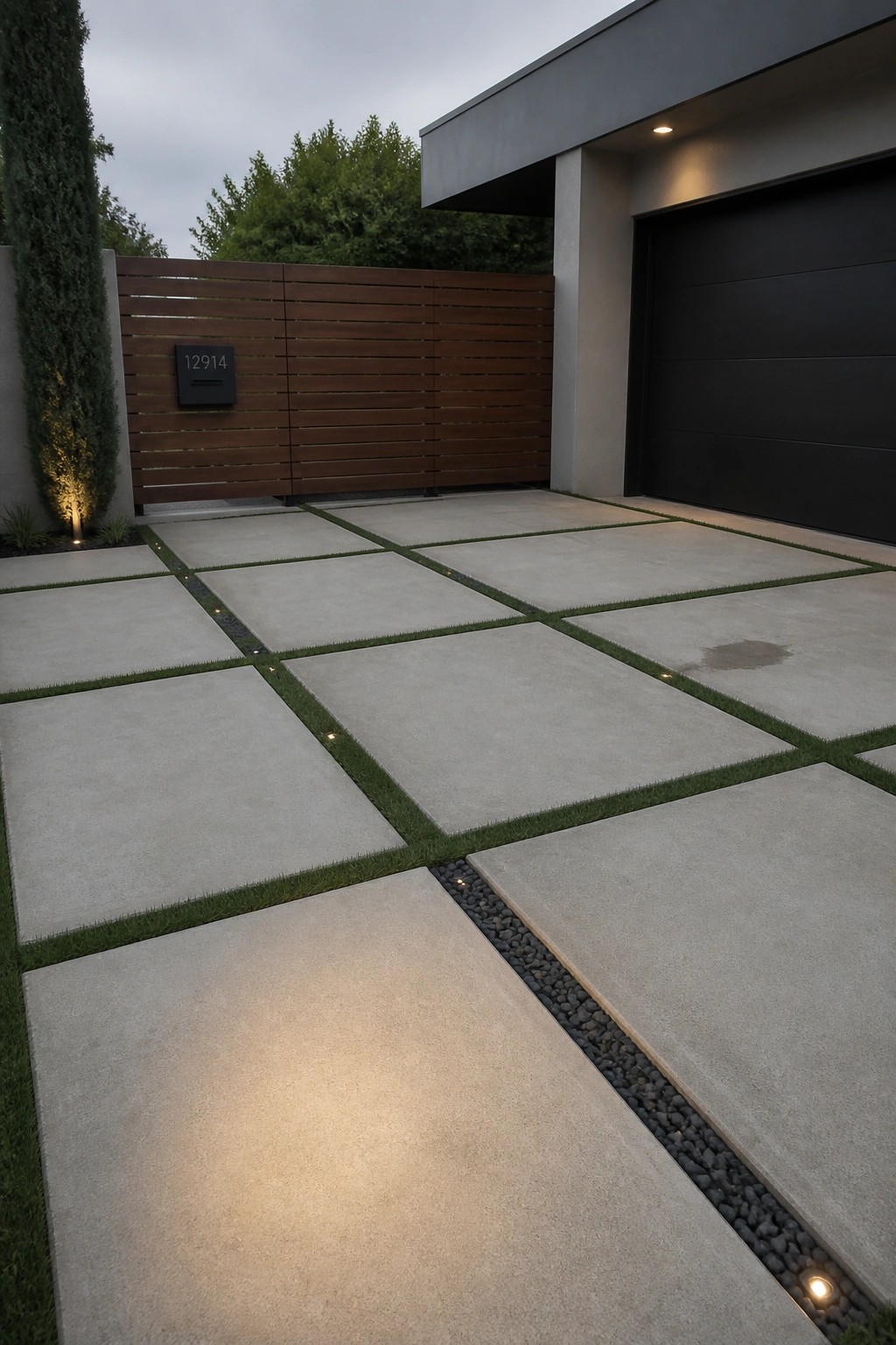 Modern front driveway with large concrete pavers in a grid pattern separated by grass strips and narrow pebble channels with small inset lights, beside a dark garage door and horizontal wood fence.