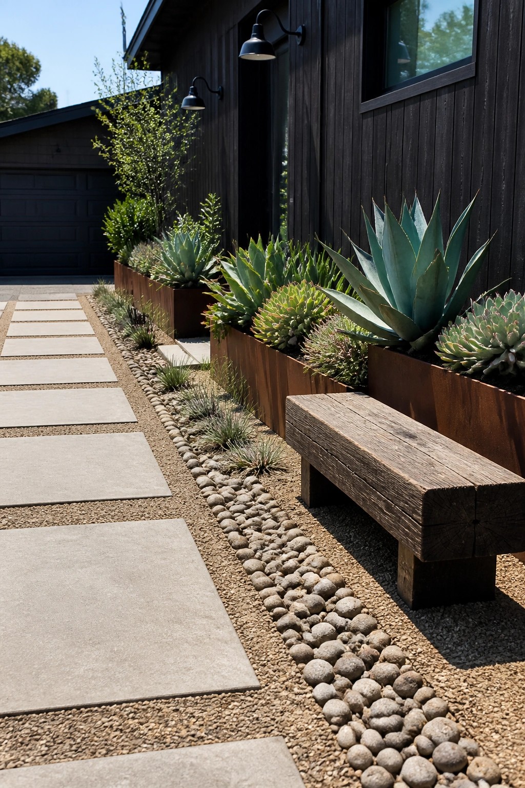 A front yard walkway with concrete pavers, gravel, river rock strip, wooden bench, and raised metal planters holding succulents beside dark wood house siding.