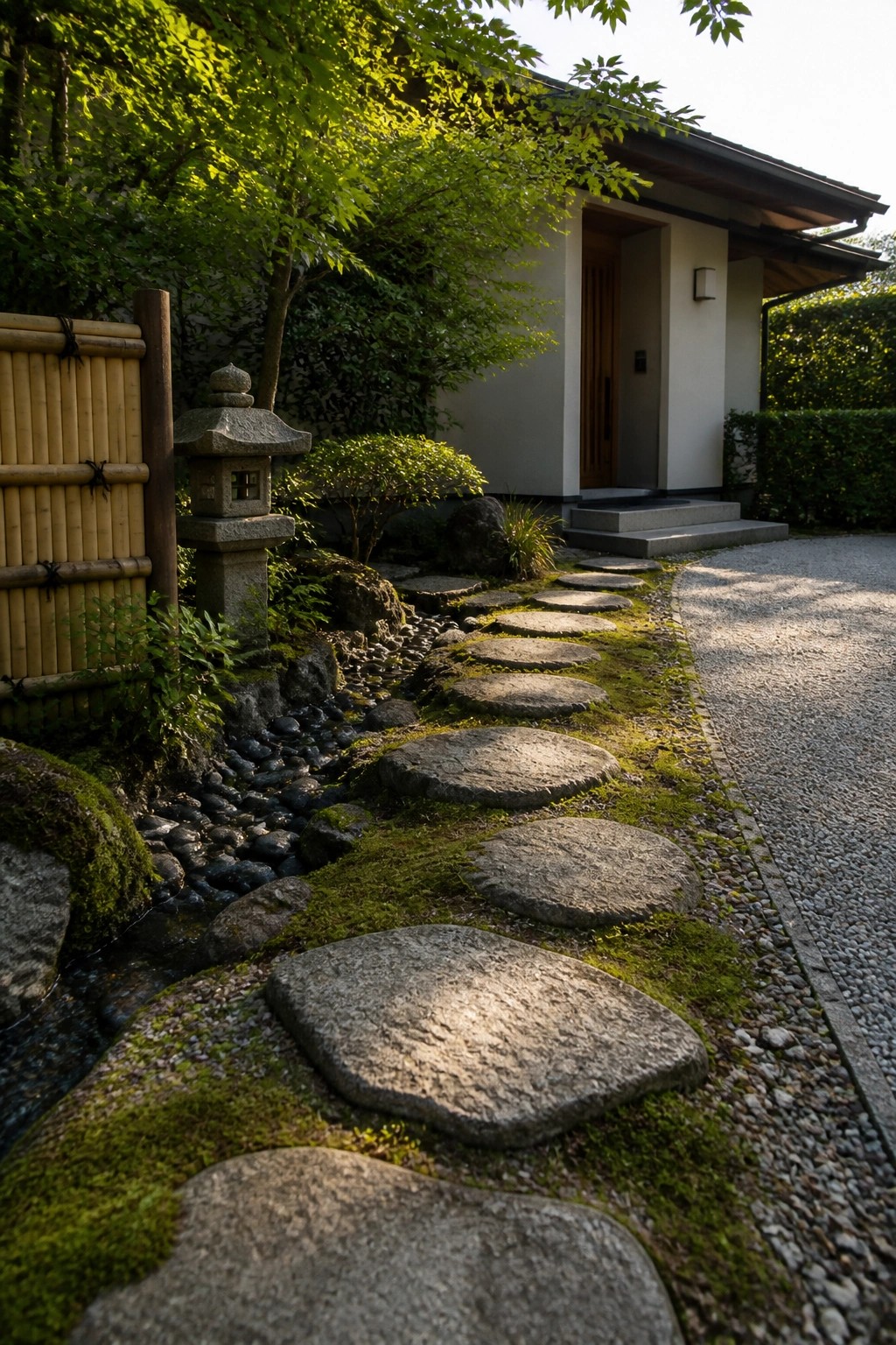 A winding path of large irregular stepping stones set in moss and gravel leads to a house entrance, with a stone lantern and bamboo fence visible on the left side.