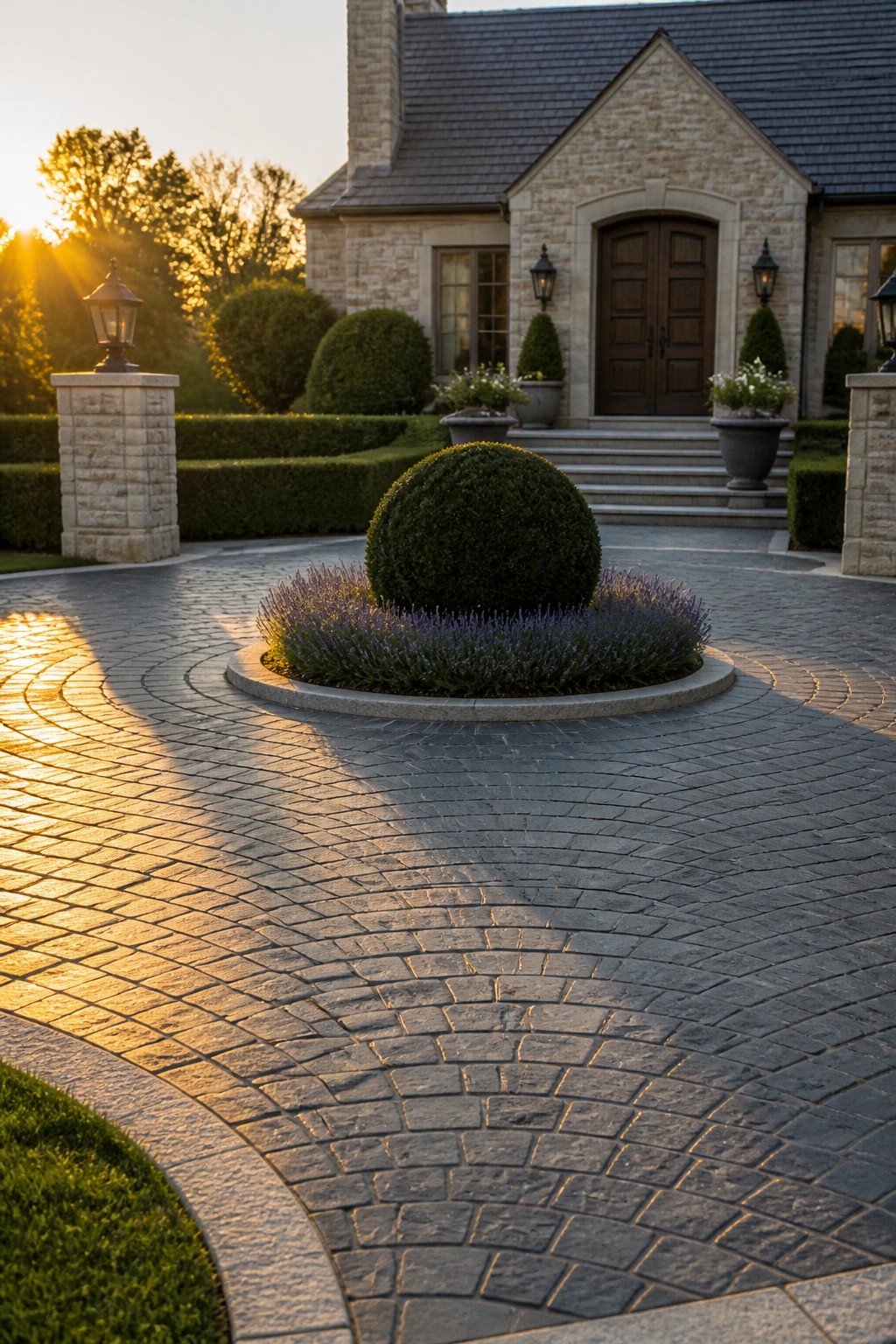 A curved cobblestone driveway in front of a stone house, with a round central planting bed holding shrubs and lavender.