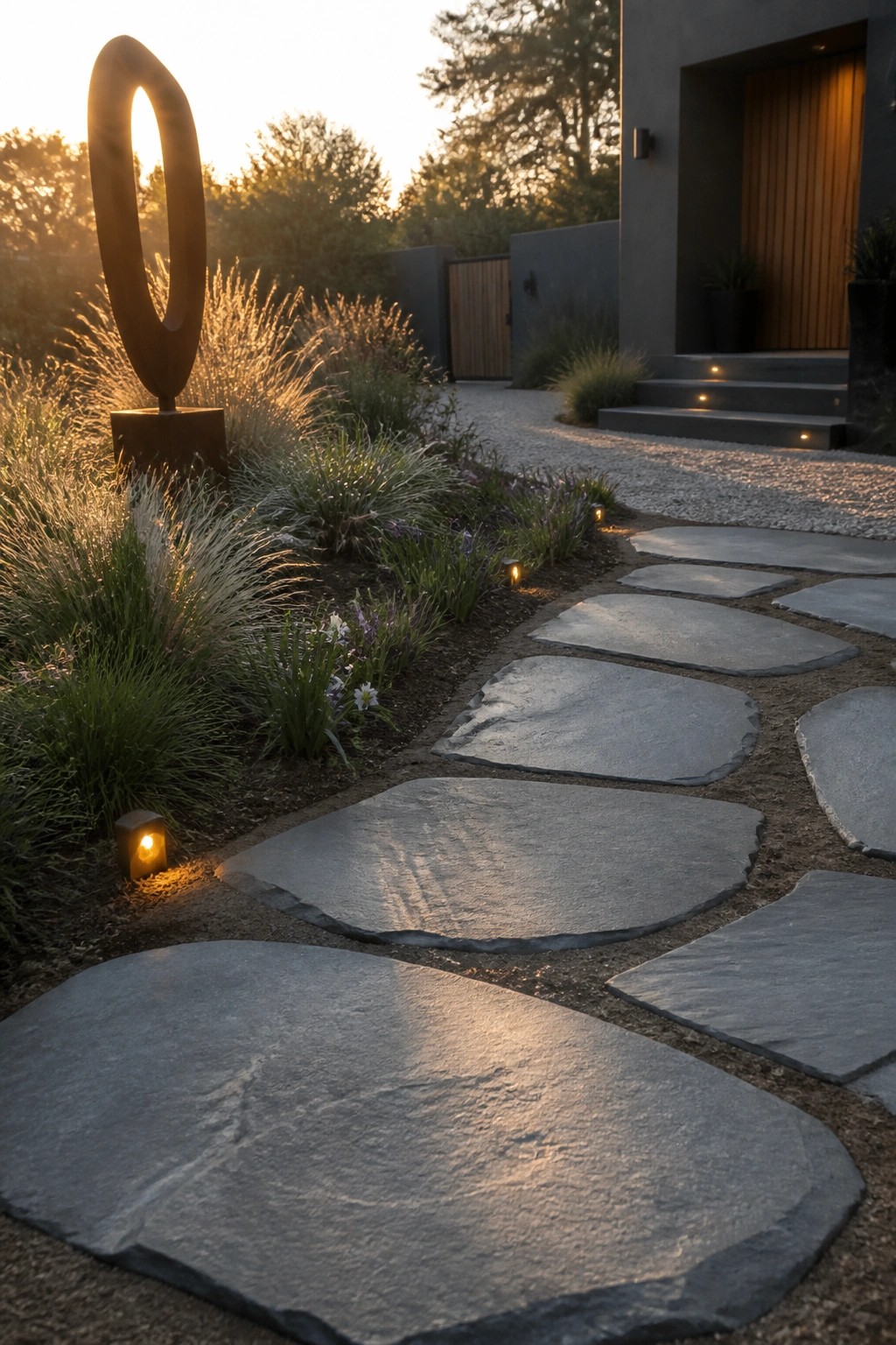 Stone pathway curves past abstract sculpture toward modern house at warm sunset glow.