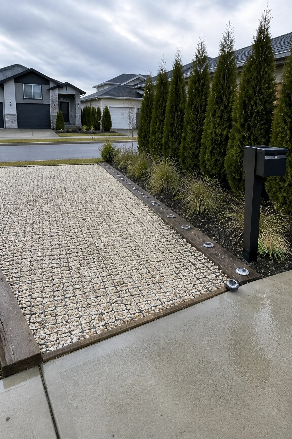 Gravel driveway with wooden edging containing embedded solar lights running alongside a garden bed of tall shrubs and grasses.