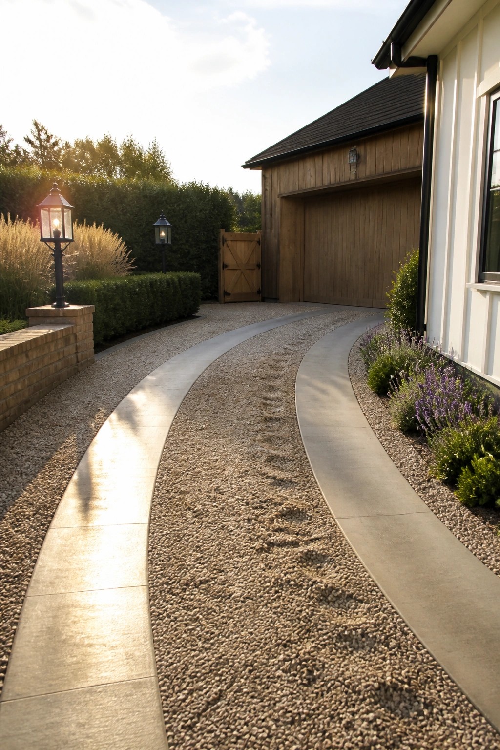 Curved gravel driveway bordered by concrete leads to wooden garage with lanterns and plants