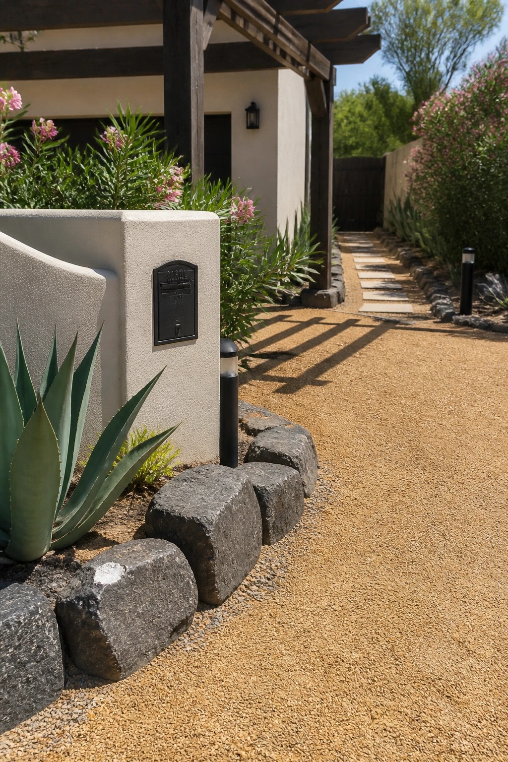 Gravel path lined with large dark stones beside a stucco pillar with a black mailbox and agave plants in the foreground.