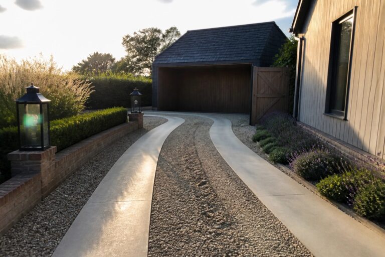 Curved gravel driveway bordered by concrete leads to wooden garage with lanterns and plants