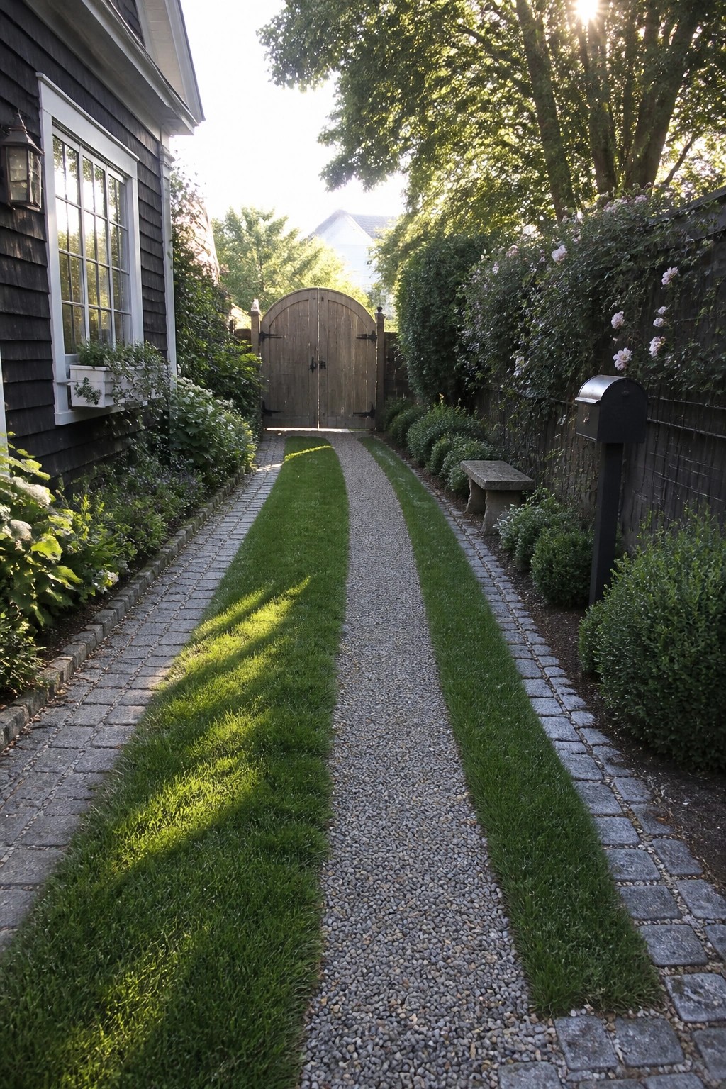Garden path of cobblestones, grass strips, and gravel leading to wooden gate