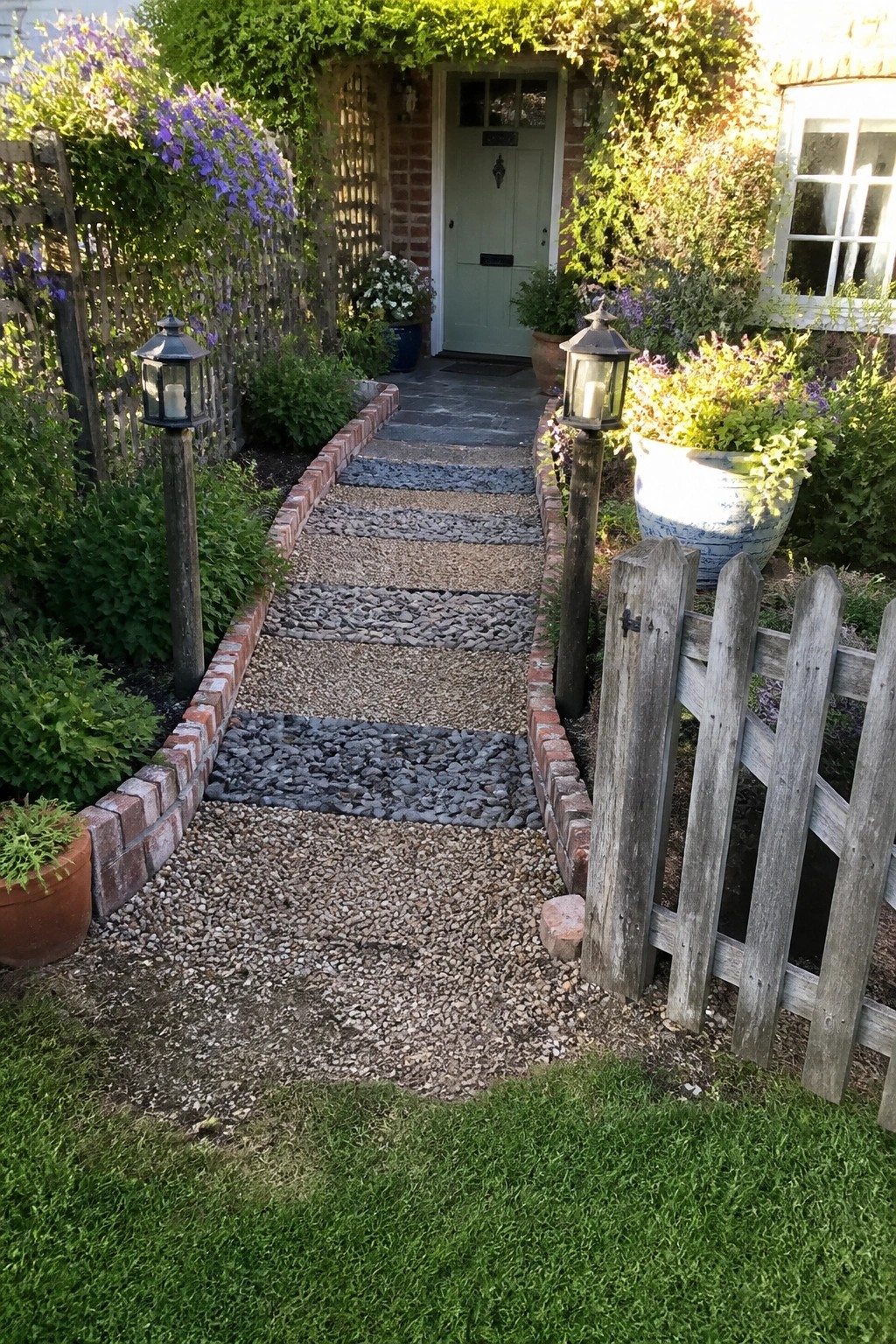 A winding garden path of gravel and pebbles bordered by low red brick edging leads toward a light green door on a brick house, flanked by wooden posts with lanterns and planted beds.