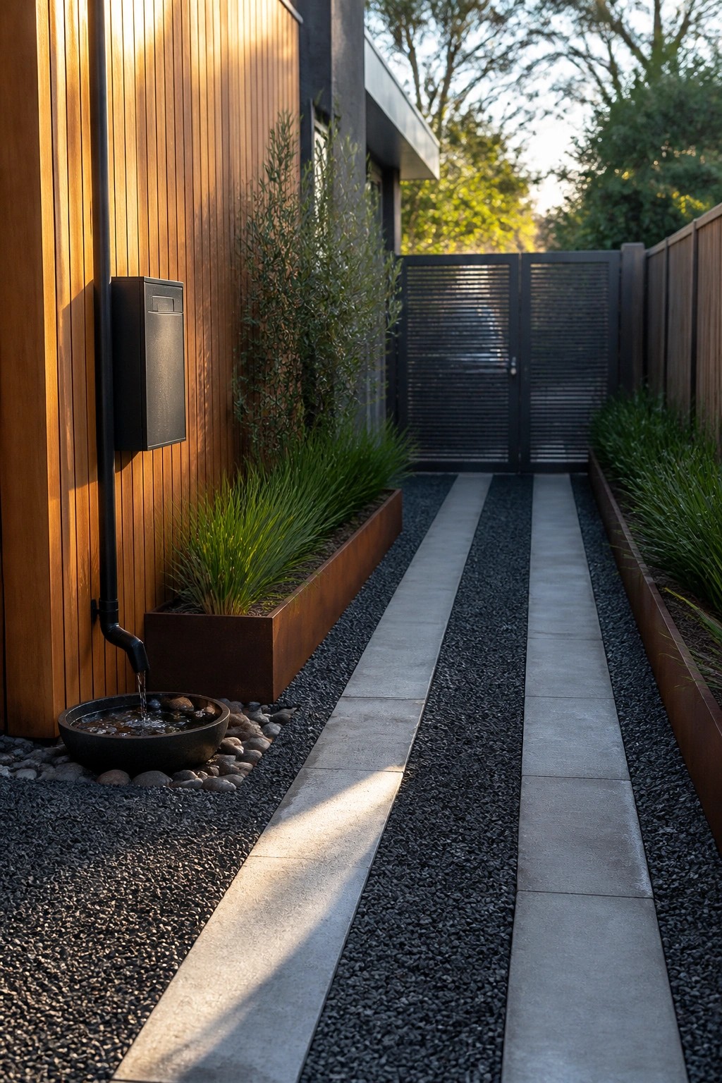 Modern garden path with wood wall, water spout, gravel pavers, and metal gate.