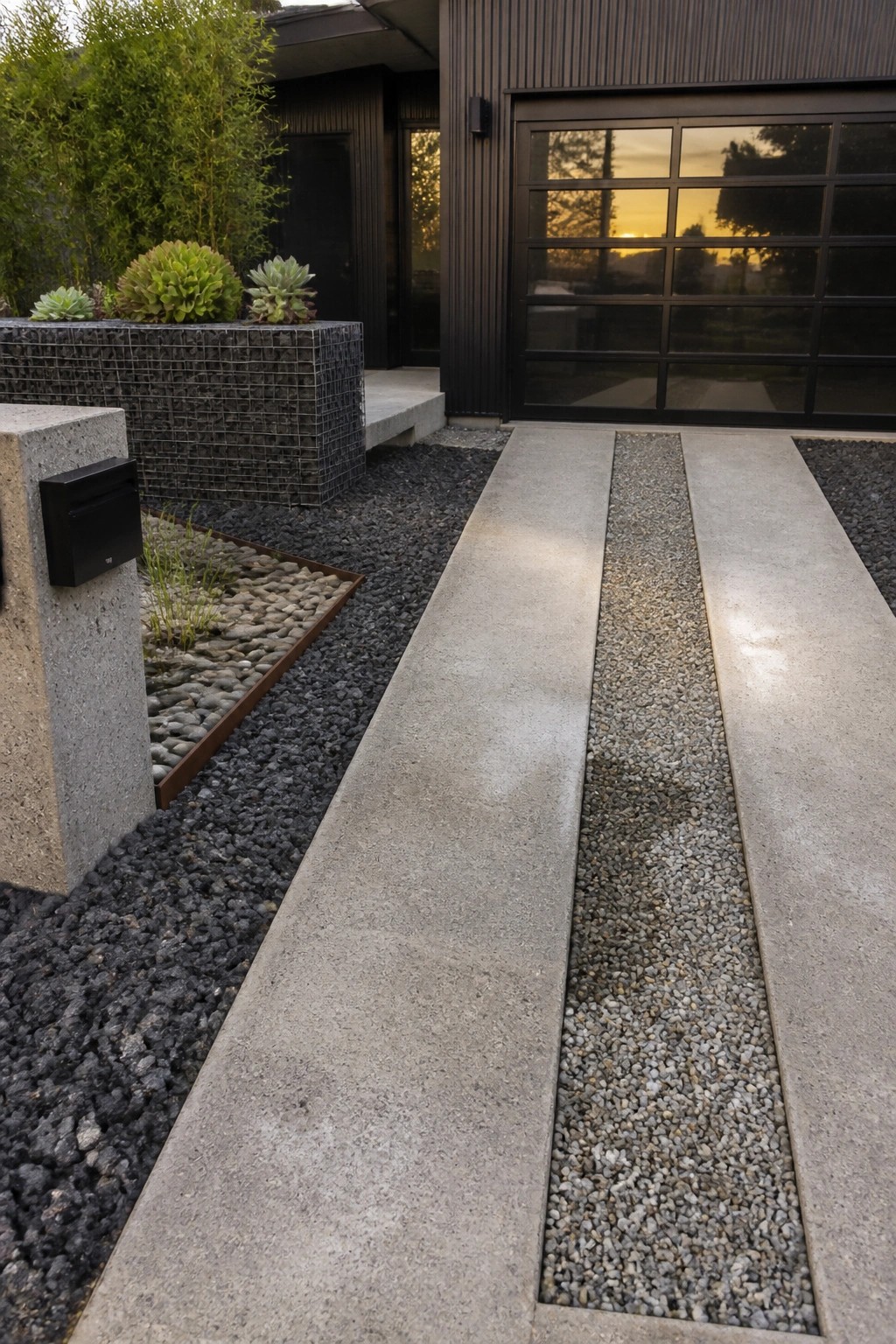 Modern home entrance with concrete walkway, gravel strips, and black garage door.