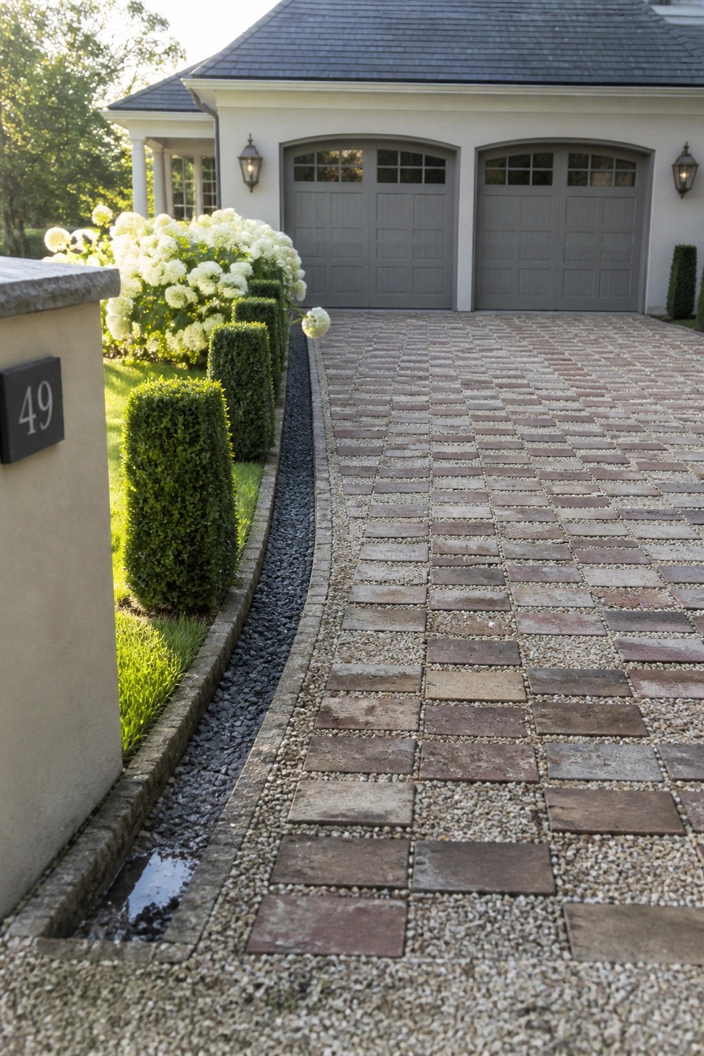 Brick driveway curves past green shrubs and white flowers to gray garage doors.