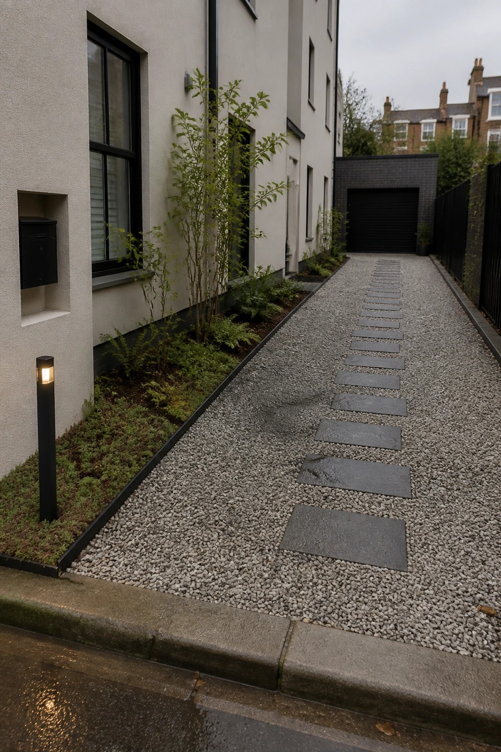 A narrow gravel path with rectangular stone stepping stones runs alongside a modern light-colored house with a planted border on one side.