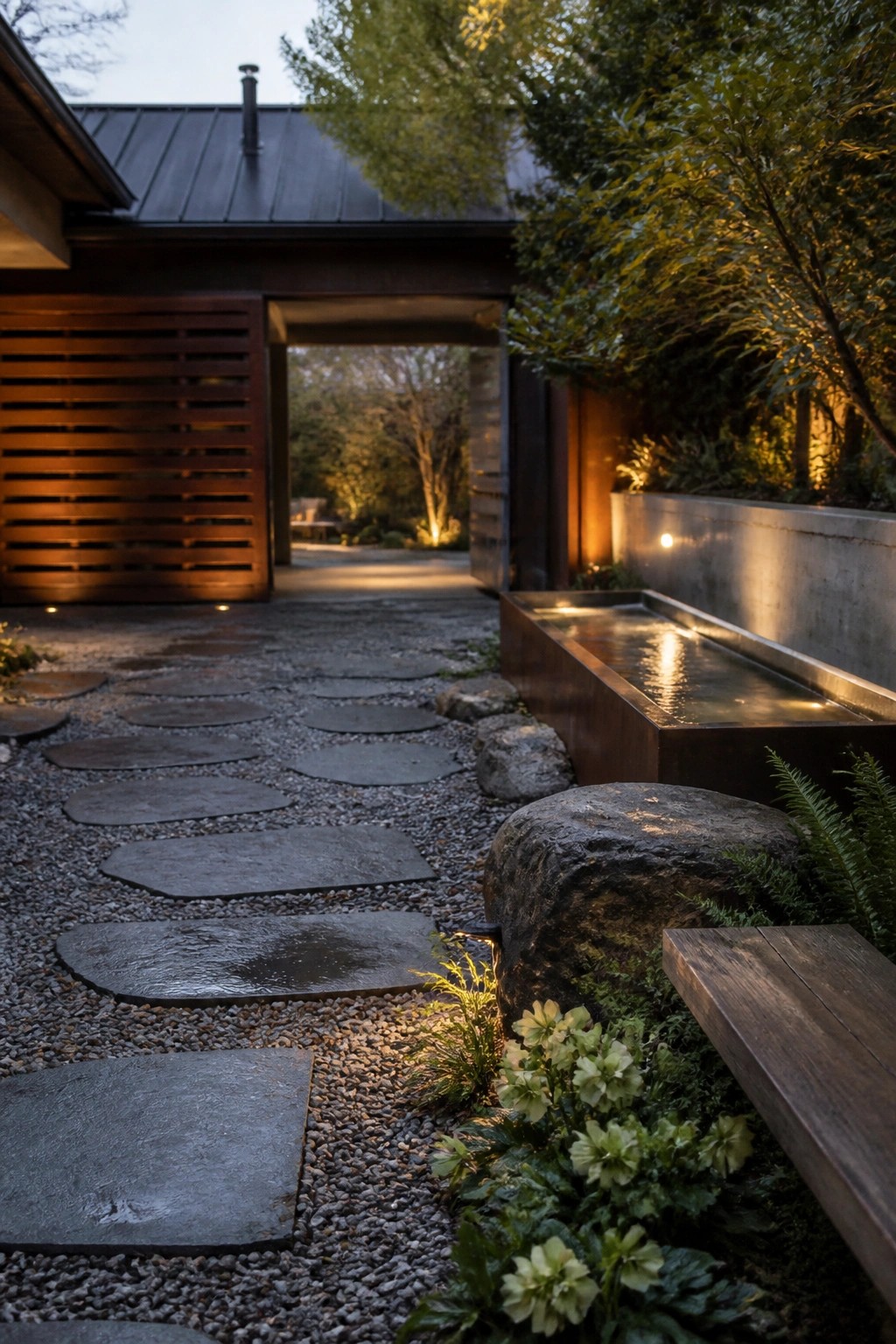 Modern home with stone path, water feature, rocks and plants at dusk.