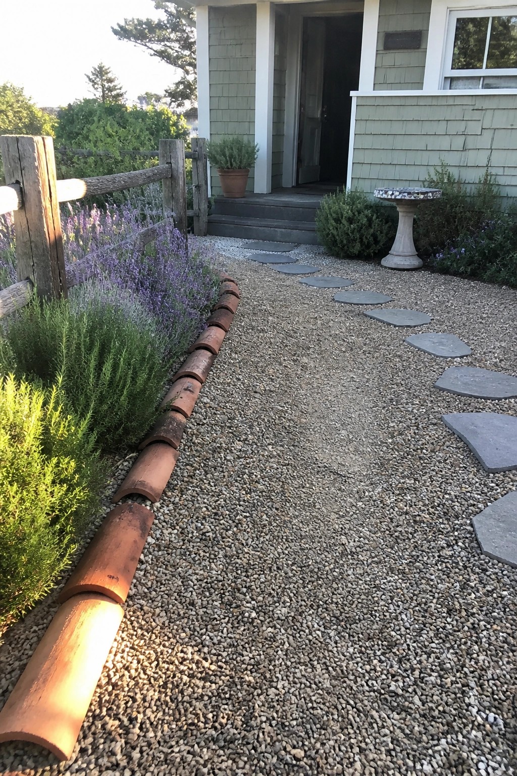 Gravel path with stone steps beside terracotta pipes and lavender leading to house.