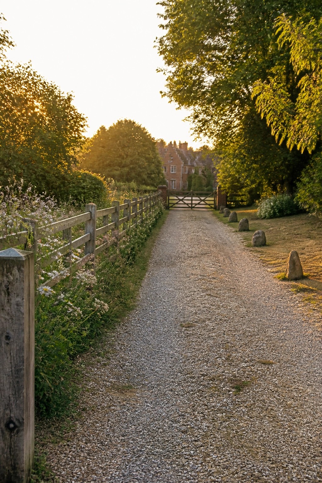 A gravel driveway runs between a wooden fence on the left and scattered stones on the right, leading toward a brick house with trees on either side.