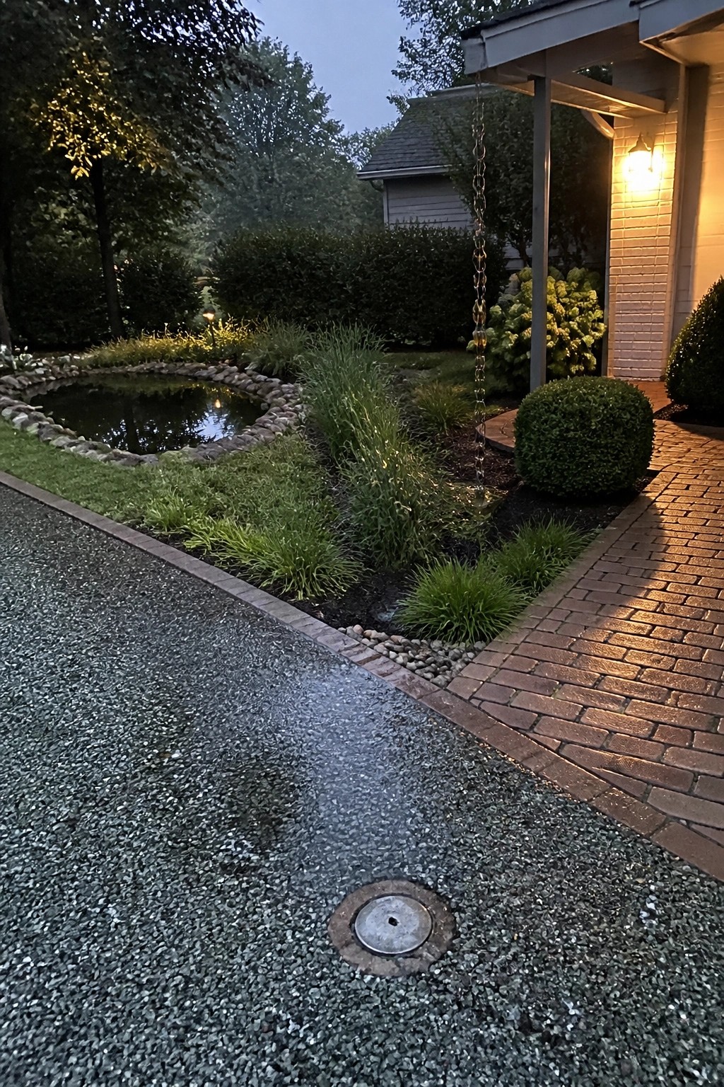Backyard at dusk with pond, rain chain, brick path, and gravel drain.