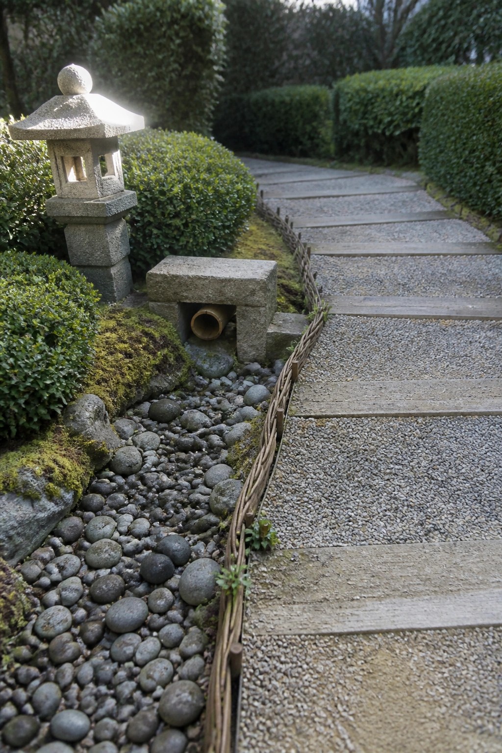 Japanese garden with lit stone lantern, pebble bed, bamboo border and gravel path
