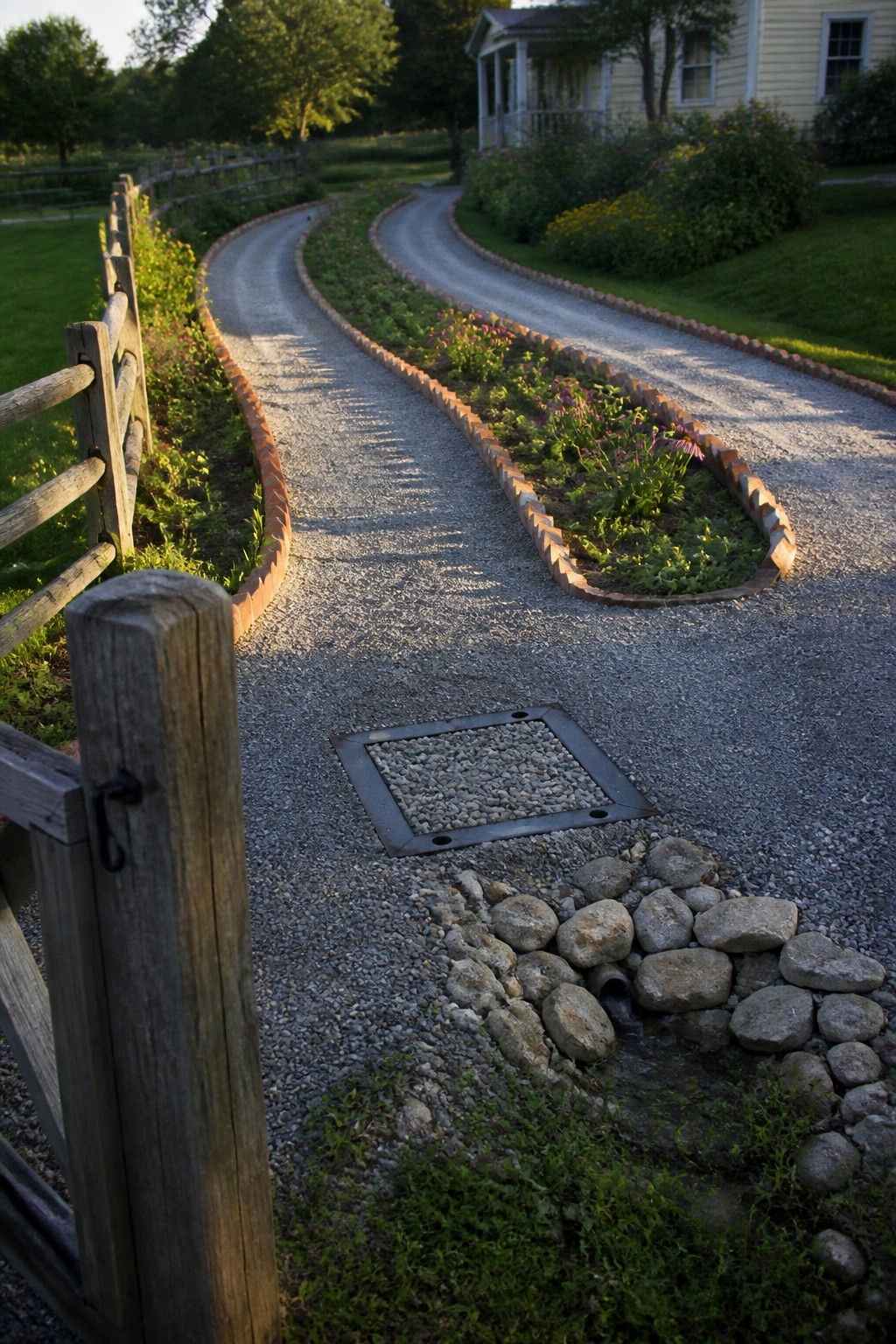 Winding gravel driveway with flower bed, wooden fence, and yellow house at dusk