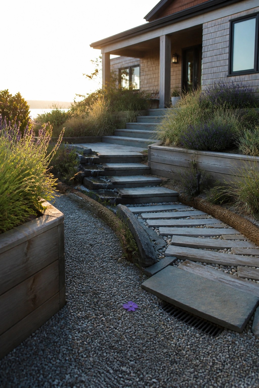 A gravel path lined with flat stone pavers leads toward a wooden house, bordered by raised planters and landscaping, with a metal drain grate at the bottom.