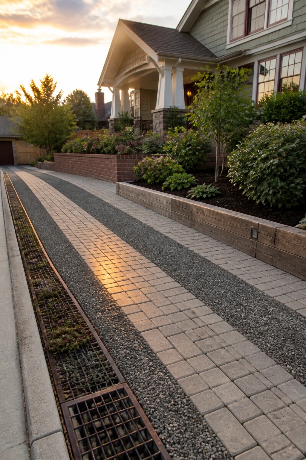 A paved driveway with alternating strips of gray pavers and gravel, a metal drain grate in the foreground, and raised garden beds with wooden retaining walls beside a house.