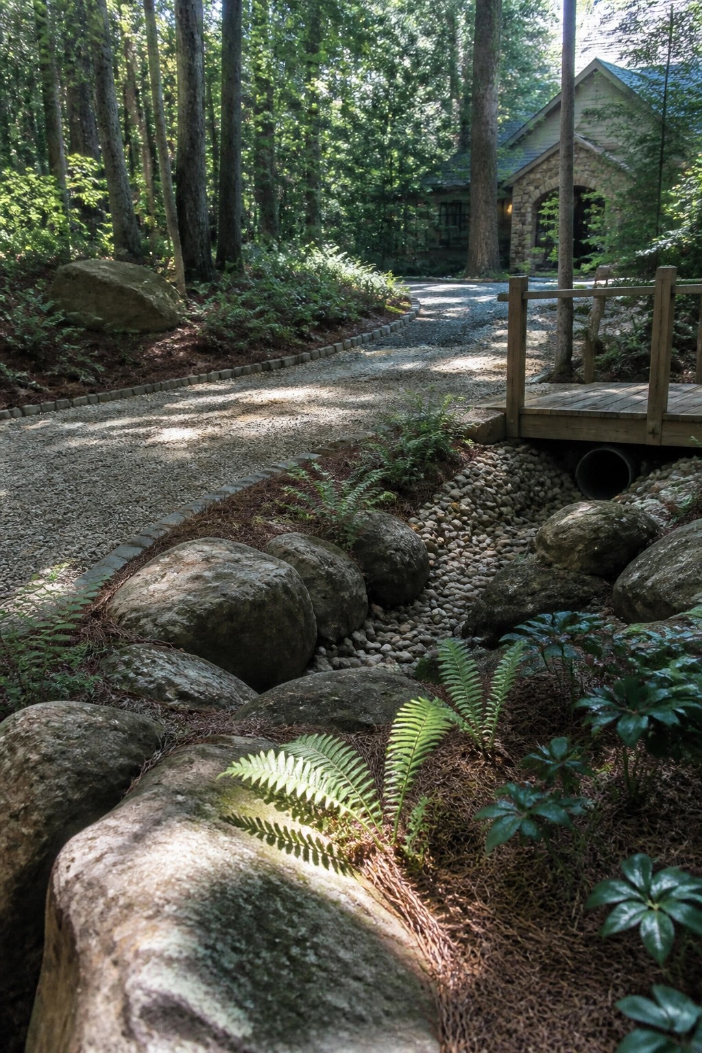 Forest path with boulders, ferns, and wooden bridge near stone house
