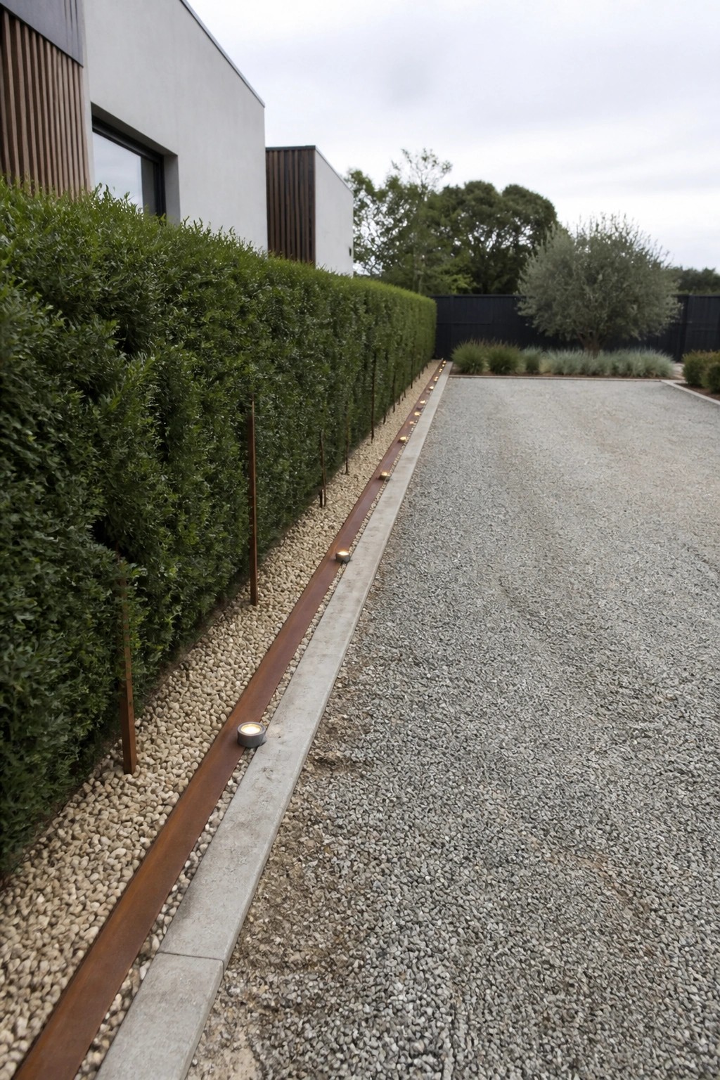 A gravel driveway bordered by a rusted metal strip with small inset lights running alongside a tall green hedge and a modern house.