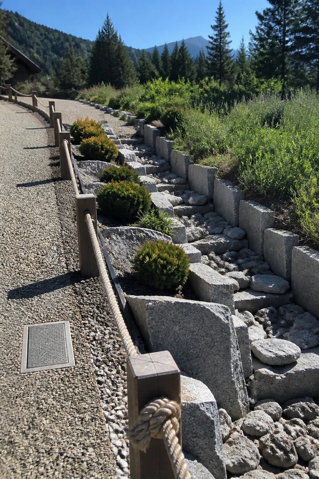 Gravel path with rope fence beside stone retaining wall and mountain backdrop