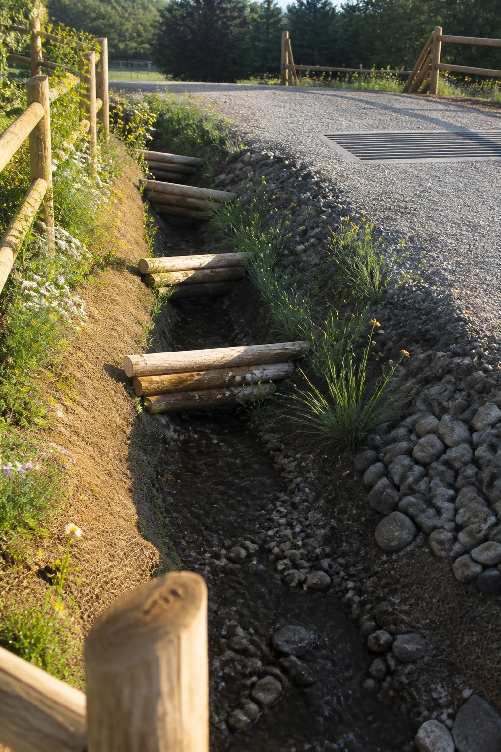 Gravel driveway edge with a rocky drainage ditch containing several horizontal wooden logs and green plants growing along the sides.