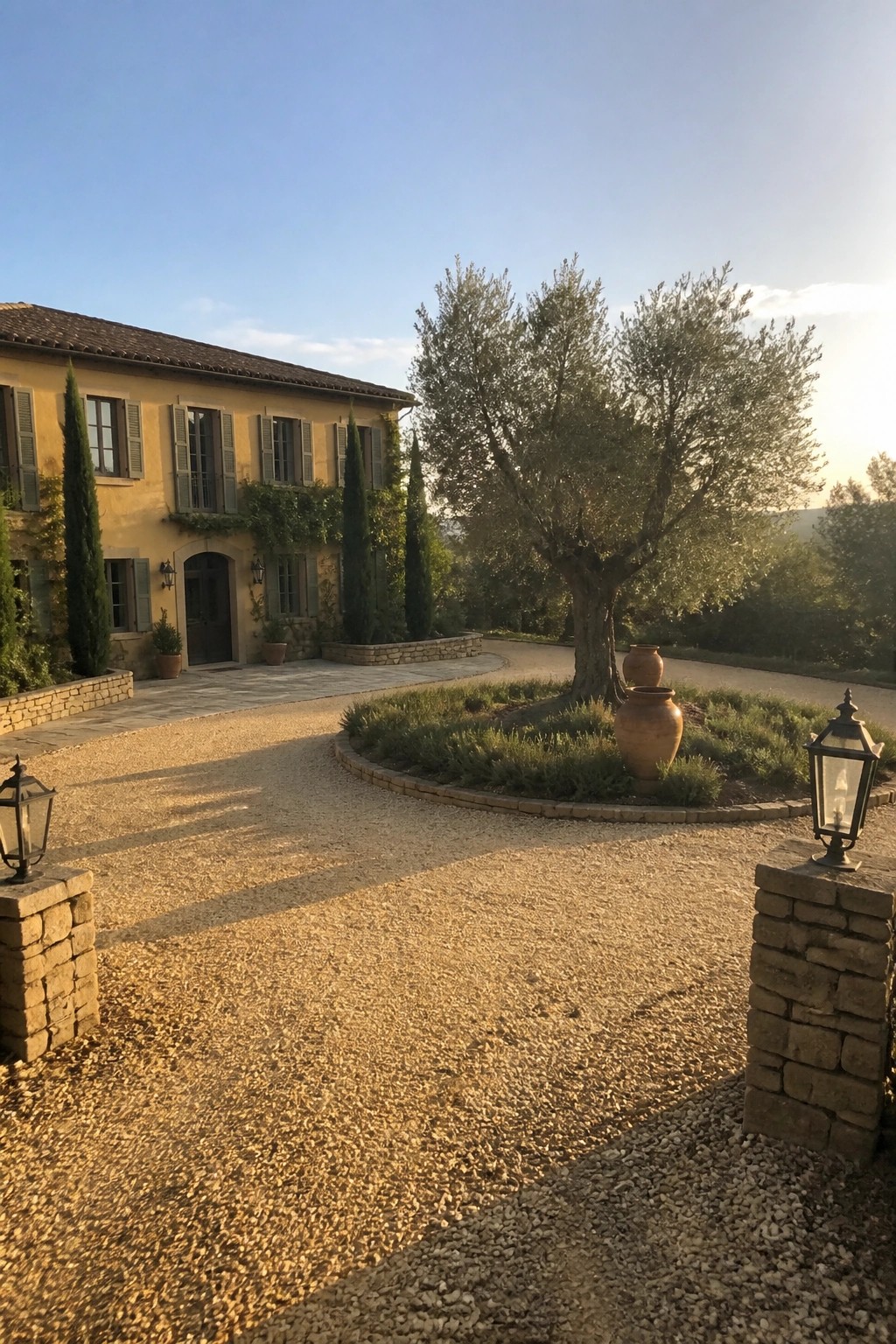 Yellow villa with green shutters by gravel driveway, olive tree and lanterns at sunset