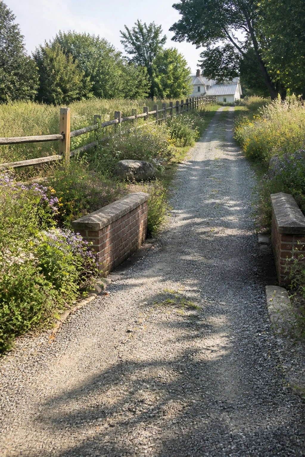 A long gravel driveway bordered by low brick walls with wildflowers, leading toward a white house in the distance.